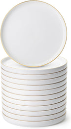 Brew To A Tea White Dessert Plates, Set of 12, 8" Round, Classic Style, Porcelain Construction, Dessert Plates