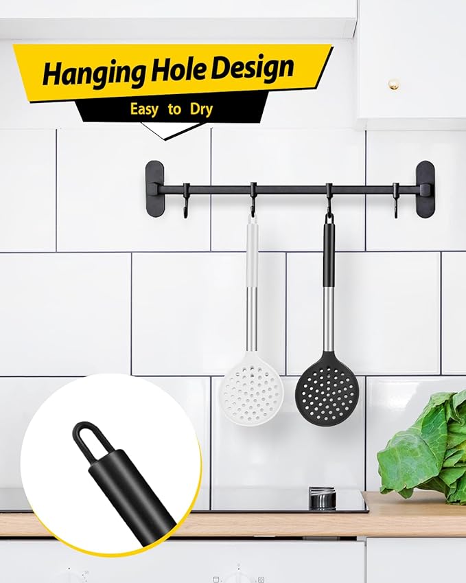 Kitchen Ladle Strainer Set of 2 Large Slotted Spoon with High Heat Resistant BPA Free Non Stick Cooking Skimmers For Draining and Frying (Black-White)