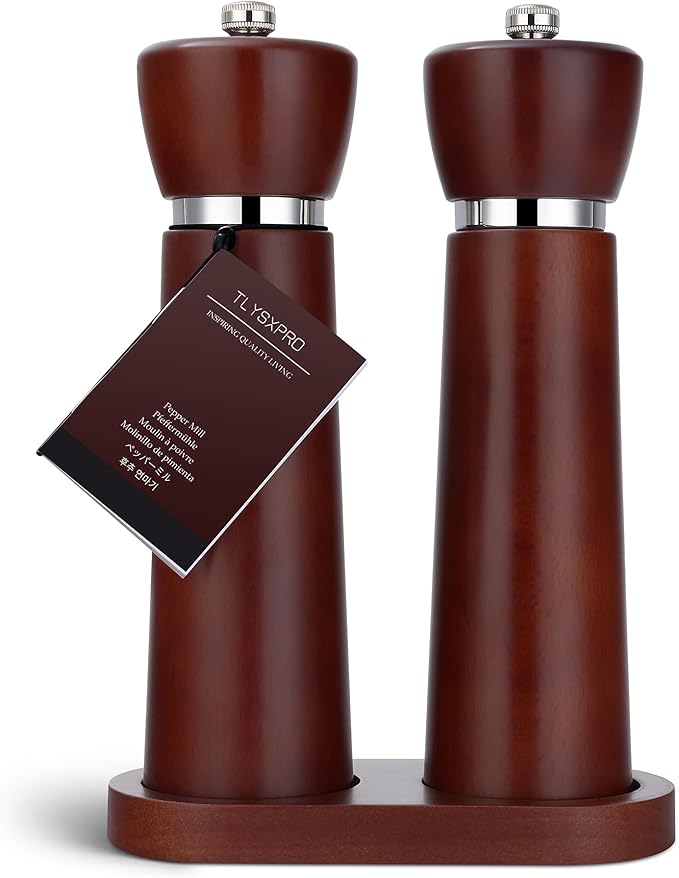 Wooden Salt and Pepper Grinder Set – Refillable Salt and Pepper Mill with Adjustable Upgraded Large Size Ceramic Burr – Manual Pepper Grinder with Beech Wood Body – 8.3” Tall (Chestnut)