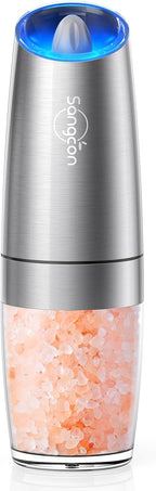 Sangcon Gravity Electric Pepper and Salt Grinder Mill Automatic Shaker Grinder with LED Light, Battery Powered Adjustable Coarseness One Hand Operation, Upgraded Larger Capacity, 1pc