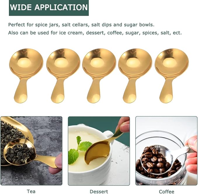 Watris Veiyi 5PCS Short Handle Spoons, Small Scoops for Canisters, Mini Gold Spoons, Spice Jars Spoon for Salt Sugar Condiments Coffee Tea Dessert