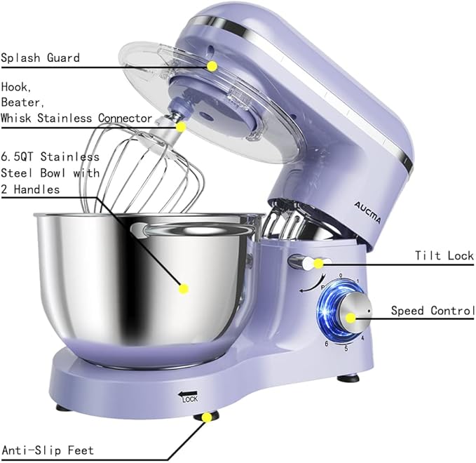 Aucma Stand Mixer,6.5-QT 660W 6-Speed Tilt-Head Food Mixer, Kitchen Electric Mixer with Dough Hook, Wire Whip & Beater (6.5QT, Lavender)