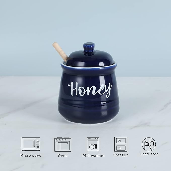 HAOTOP Farmhouse Porcelain Honey Jar with Dipper and Lid Set 12oz,Easy to Clean (Navy)