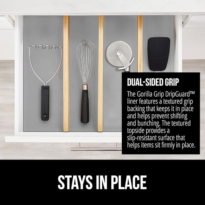 GORILLA GRIP DripGuard Drawer and Shelf Liner for Cabinet, Slip Resistant Non Adhesive Protection for Kitchen, BPA Free Smooth Surface Plastic Liners for Cabinets, Bathroom Drawers, 12x120 Inch, Gray