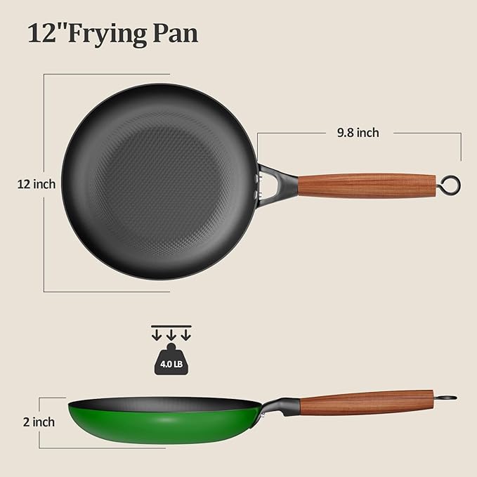 YUTANN Nonstick Frying Pan 12 inch, Ceramic Cast Iron Skillet, Lightweight Pre-seasoned Cast Iron Pan with Detachable Handle, Dishwasher & Oven Safe, Free of PFAS and PFOA