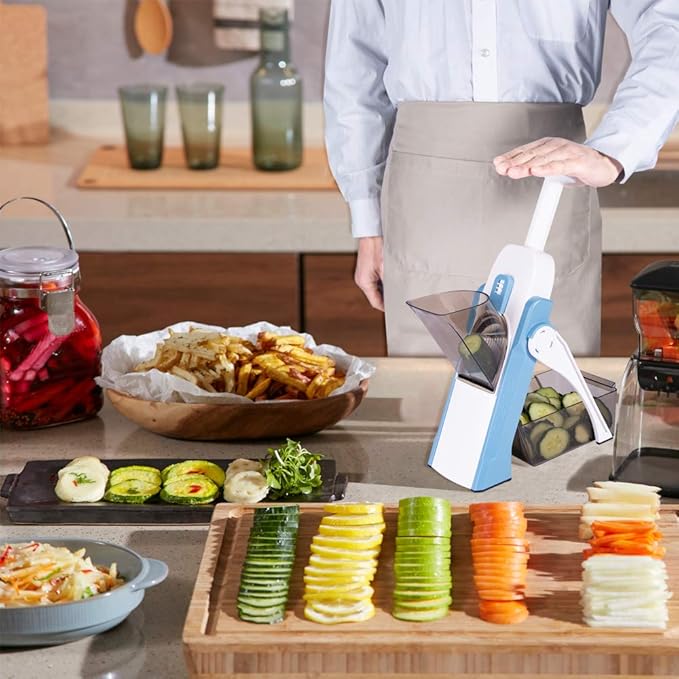 ONCE FOR ALL Safe Mandoline Slicer 5 in 1 Vegetable Cutter, Strips Julienne Dicer Adjustable Thickness 0.1-8 mm for Kitench Fast Meal Prep (Light Blue)