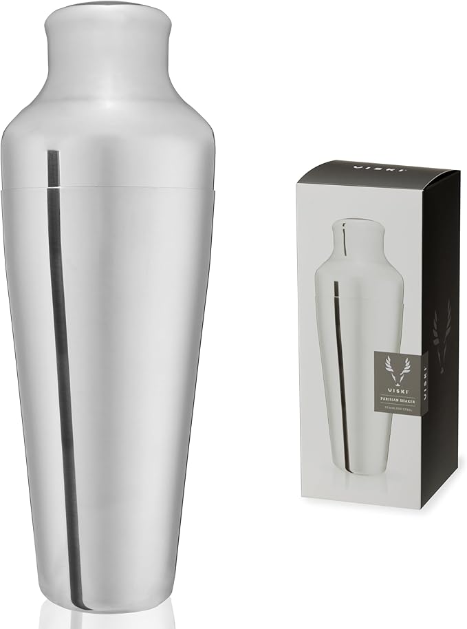 Viski Parisian Cocktail Shaker for Cold Brew Cocktails, Margarita, Espresso Martini, Contoured High Shine Polished Stainless Steel Martini Shaker, Home Bar, Bartender Gifts, 25 oz, Set of 1, Silver