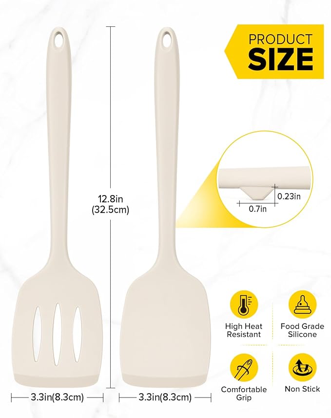 Pack of 2 Silicone Spatula Turners, Non Stick Slotted Kitchen Spatula Set, Heat Resistant BPA Free Kitchen Utensils, One-Piece Design, Suitable for Flipping Fish, Eggs, Steak, Pancakes(KHAKI)
