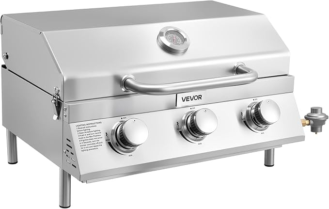 VEVOR Tabletop Gas Grill, 3-Burner Stainless Steel Portable Propane Grill, with Built-in Thermometer, Travel Locks, Weatherproof Lid, 22,500 BTU Total, for Outdoor Cooking, Patio, Party, Camping, RV