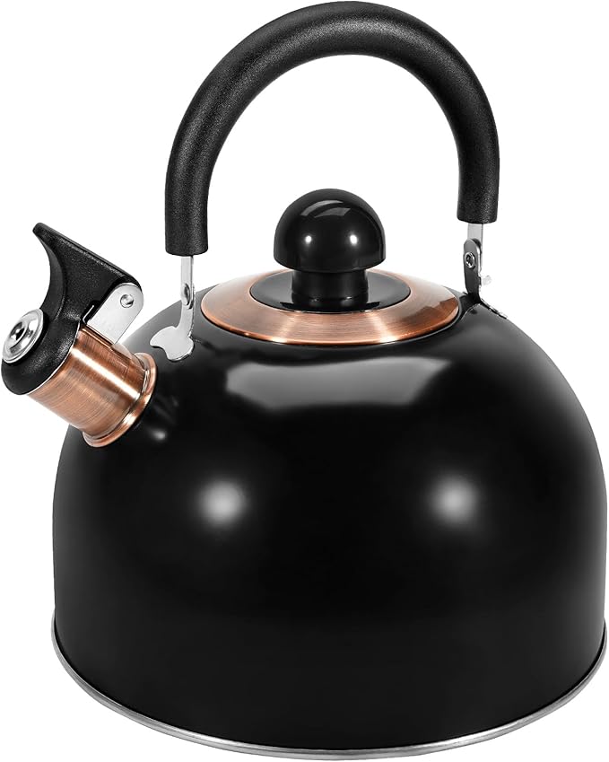 GGC 2.6QT Tea Kettle for Stove Tops, Whistling Tea Kettles for Boiling Water Coffee or Milk, Black Stainless Steel Tea Pots with Folding Handle, Thumb Design Control Kettle Outlet