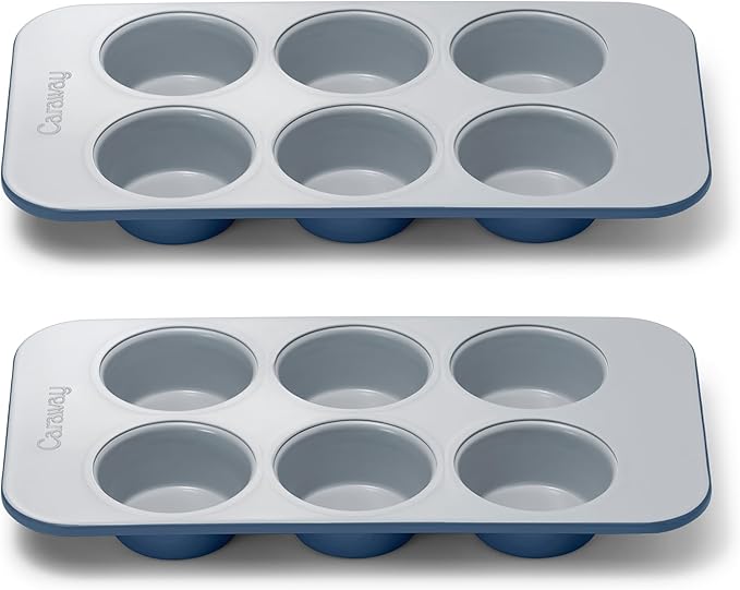 Caraway Nonstick Ceramic 6 Cup Muffin Pan Duo – Non-Toxic, PTFE & PFOA Free – Oven Safe – Aluminized Steel Core – Small Muffin Pan for Baking Cupcakes, Muffins & More - Navy