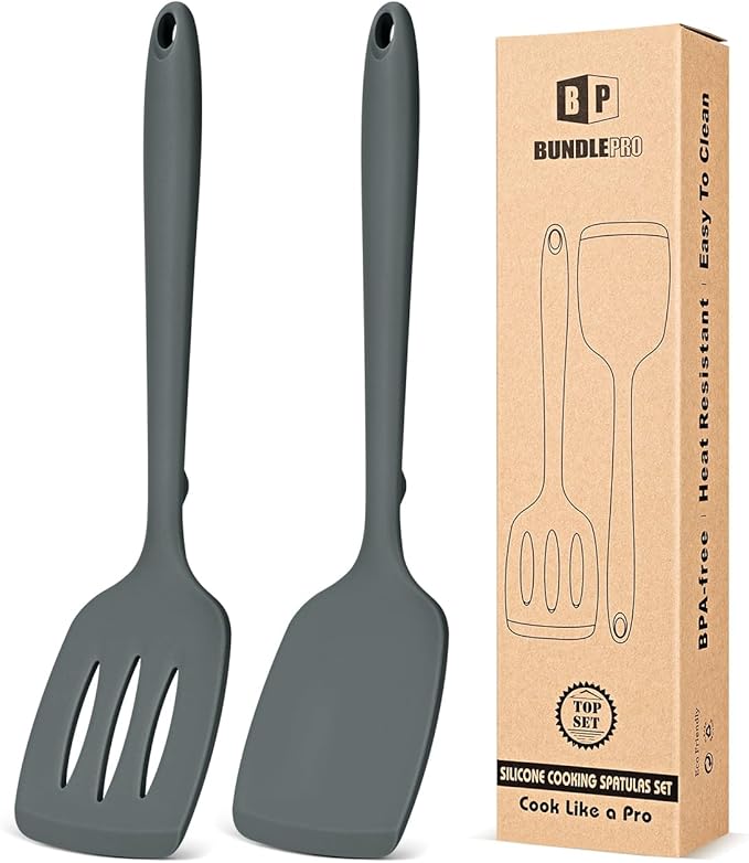 Pack of 2 Silicone Spatula Turners, Non Stick Slotted Kitchen Spatula Set, Heat Resistant BPA Free Kitchen Utensils, One-Piece Design, Suitable for Flipping Fish, Eggs, Steak, Pancakes(GRAY)