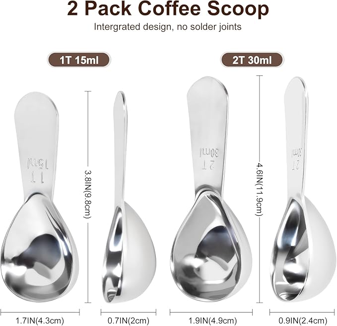 2Pcs Coffee Scoops, Premium 18/8 Stainless Steel Coffee Spoons, Set of 2 Short Handled (1 Tablespoon & 2 Tablespoon) Coffee Measuring Spoon for Ground Coffee, Tea and Powder by ES NATAURA