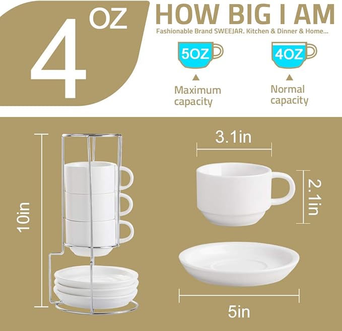 Sweejar Porcelain Espresso Cups with Saucers, 4 Ounce Stackable Cappuccino Cups with Metal Stand for Coffee Drinks, Latte, Tea - Set of 4 (White)
