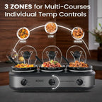 KOOC Triple Slow Cooker Buffet Server and Food Warmer 3x1.5 Quart Individual Temp Control With Lid Rests & Spoons With Liners Included Grey
