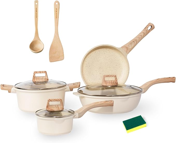 10Pcs Pots and Pans Set,nonstick Cookware Set Kitchen Cooking Set,Non-toxic Healthy Granite Induction Cookware Sets with firm heat-resistant handle(PFOA Free)