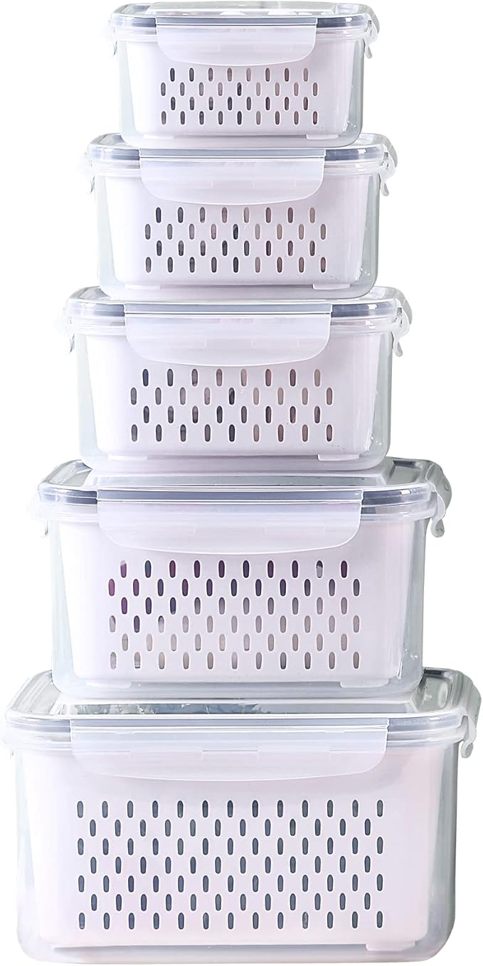 Large Fridge Food Storage Container Set with Lids with Strainer, Fruit Vegetable Storage Containers Keep Fruits, Vegetables, Berry, Meat Fresh longer, BPA-Free Plastic Produce Keepers