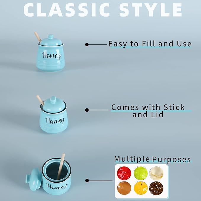 HAOTOP Farmhouse Porcelain Honey Jar with Dipper and Lid Set 12oz,Easy to Clean (Turquoise)