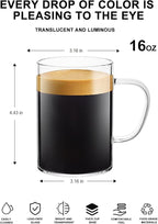 LUXU Glass Coffee Mugs 16 oz,Set of 4 Large Glass Coffee Cups Clear Tea Cups,Iced Coffee Glasses,Lead-Free Drinking Glasses for Water,Cappuccino,Latte,Cereal,Yogurt,Milk-Flat Bottomed Design