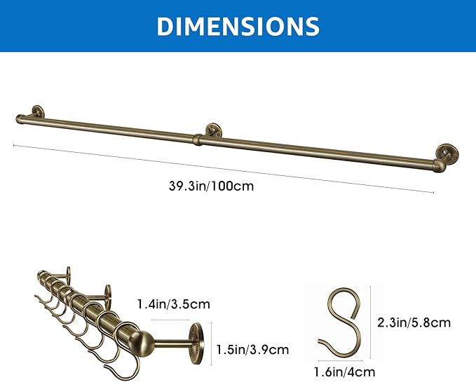 ROTHLEY Hanging Pot Rack Hanger: 39.4 Inch Stainless Steel Pot and Pan Hanger Pot Rack Wall Mounted Hanging Pots and Pans Rack Pot Hangers for Kitchen Wall Kitchen Rail with Hooks (Antique Brass)