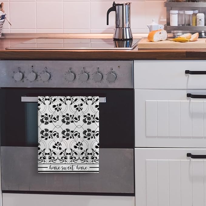 Black Kitchen Towels Decorative Set of 2, Absorbent Boho Floral Dish Towels for Kitchen Drying Cleaning, Cute Tea Towels Hand Towels for Kitchen Bar Bathroom Decor,Housewarming Gifts for Women