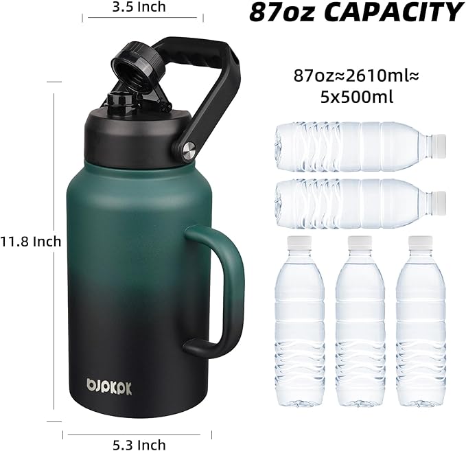 BJPKPK 87oz Insulated Water Bottle with Handle, Large Dishwasher Safe 2/3 Gallon Water Bottle, BPA Free Water Jug, Wide Mouth Metal Water Bottle with Anti-slip Bottom, Army Green & Black