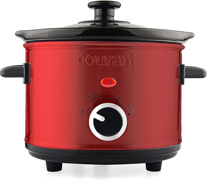 Courant Small Slow Cooker 1.6 QT, 3 Heat Settings, Removable Ceramic Pot" Easy Clean, Dishwasher Safe, Mini Slow Cooker, Red