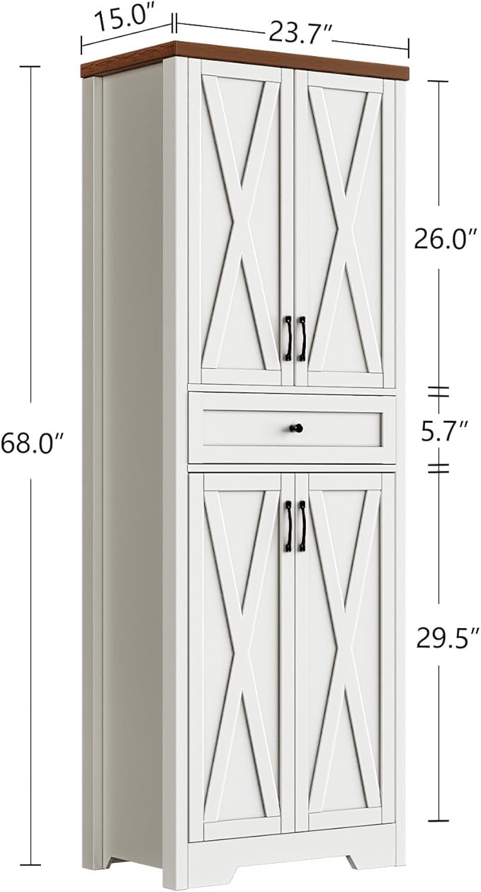 68'' Farmhouse Kitchen Pantry Cabinet with Adjustable Shelves, Tall Storage Cabinet with Barn Doors, Freestanding Versatile Cupboard for Dining Room, White+Walnut
