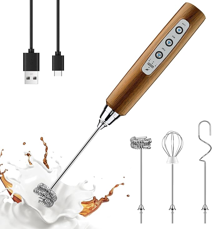 YUSWKO Wood Grain Handheld Milk Frother Wand for Coffee, Rechargeable Electric Whisk with 3 Heads 3 Speeds Drink Mixer Coffee Frother For Latte, Cappuccino, Hot Chocolate, Egg