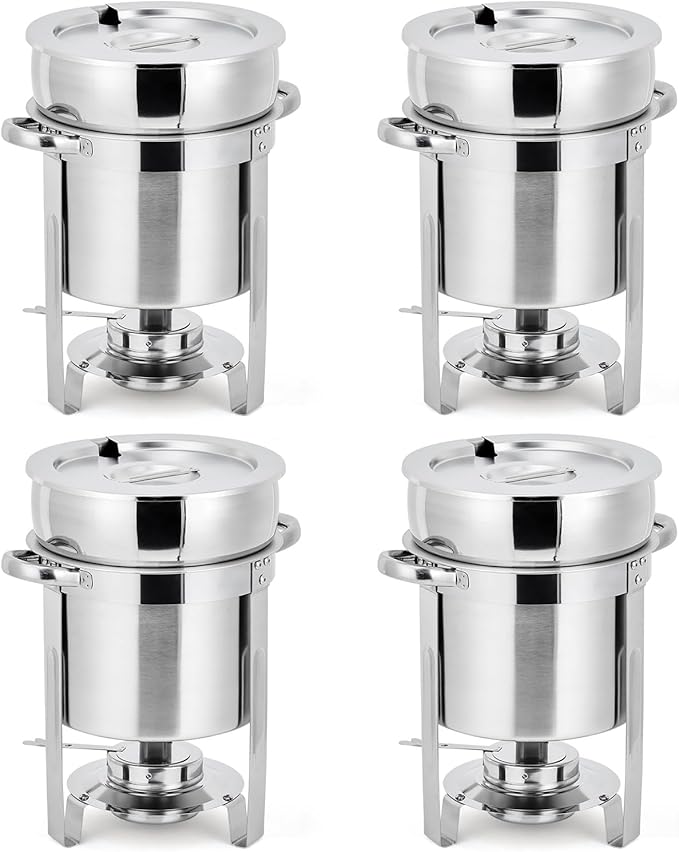 Commercial 11QT Soup Chafer Set, 4 Pack Stainless Steel Round Food Warmers Set with Pot, Notched Lids & Fuel Containers, Soup Warmers Ideal for Buffet Service & Event Catering
