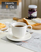 Hasense Porcelain Cappuccino Cups and Saucers Set of 4,White Ribbed 6 Oz Demitasse Tea Cup with big Handle, Mugs Set for Coffee,Tea,Latte and Mocha, Aesthetic Gift for Anniversary or Holiday