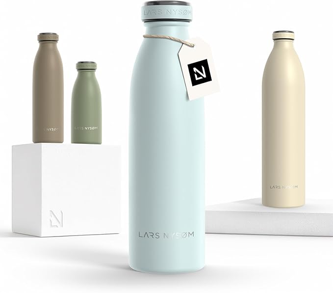 LARS NYSØM Stainless Steel Insulated Water Bottle 12oz 17oz 25oz 34oz 51oz | Insulated Thermo Flask for Hot and Cold Beverages | Leakproof Drinking Bottle (Misty Blue, 17oz)