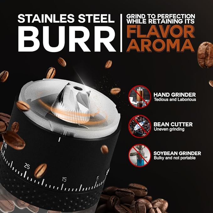 Portable Coffee Grinder – Rechargeable Espresso Coffee Grinder with Stainless Steel Burr Mill for Travel, Camping – Black Cordless Electric Small Grinders with 38 Adjustable Grind Settings