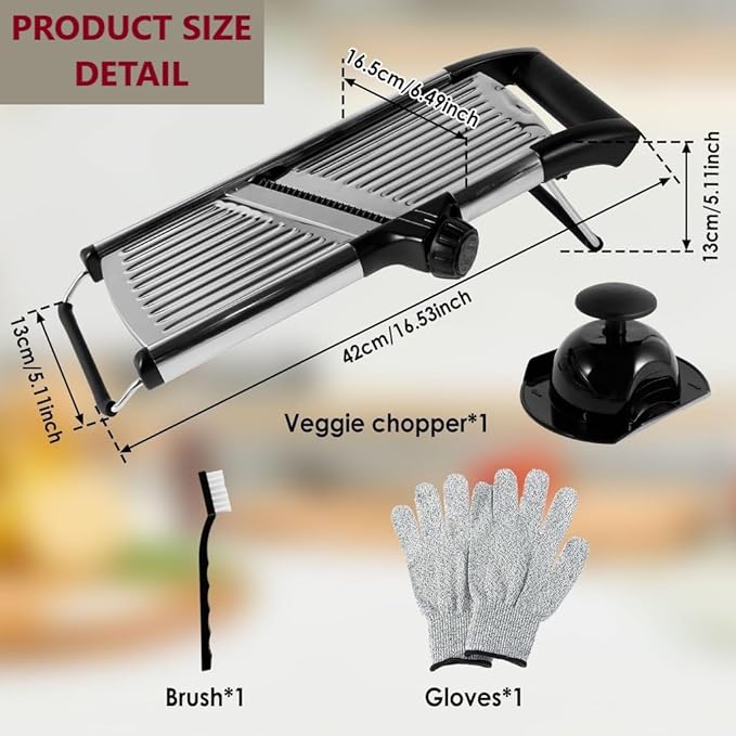 Adjustable Mandoline Slicer for Vegetables, Fruits, Stainless Steel with Cut-Resistant Gloves, Black/Silver