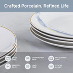 Ceramic Dessert Plates Set of 8, 8 inch, Appetizer Plates, Salad Plates, Small Plates, Microwave & Dishwasher Safe, Fantasy Series, Gold Rim