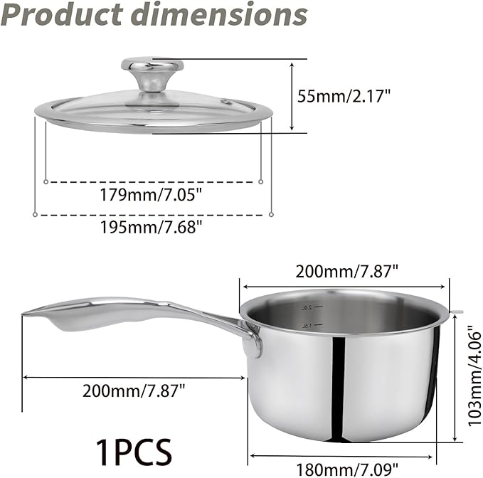 Woogim 304 Stainless Steel Saucepan with Ergonomic Curved Handle,Includes Glass Lid, Easy to Clean Non-stick Multipurpose Sauce Pot 2 Quart Perfect for Milk,Soups,and Sauces