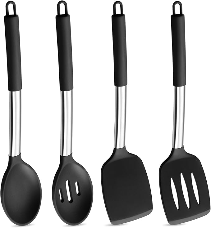 P&P CHEF Black Kitchen Cooking Utensil Set of 4, Silicone Solid Spatulas Slotted Spoons Turners for Non-stick Cookware Flipping Mixing, Heat-proof