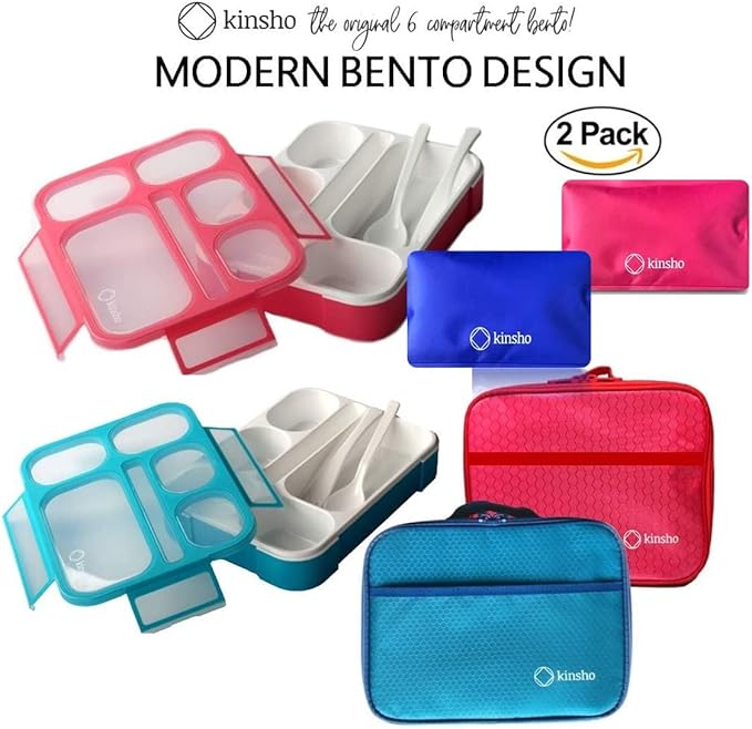 Bento Lunch Boxes with Bag and Ice Packs | Bento-Box Insulated Bag Ice Cold Pack Set of Two for Kids Adults | Value Container Set for School Kid Lunches, 6 Compartments BPA Free, Blue & Pink