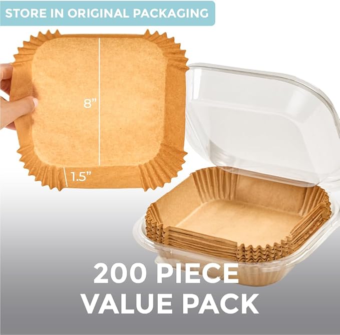 KITCHEN GENIE BPA-Free Air Fryer Liners Disposable, 200 PCS, Non-Stick Oil Proof Parchment Paper Sheets for Easy Clean Cooking, Fits 5-8 QT Basket, Microwave, Toaster Oven, Free of Bleach, 8 In Square
