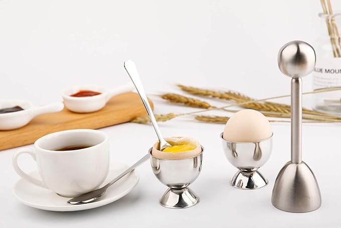 Egg Cracker Topper Cutter Set for Soft Boiled Eggs Stainless Steel Shell Remover Separator Include 2 Egg Cups 2 Spoons 1 Topper Cutter