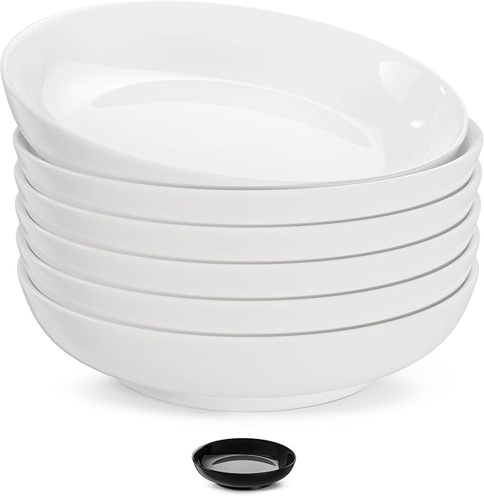 KooK Pasta Bowl, Set of 6, Salad Bowl, Large, Ceramic, Microwave and Dishwasher Safe, for Soups, Shallow Serving Bowls, 32 oz, (White)