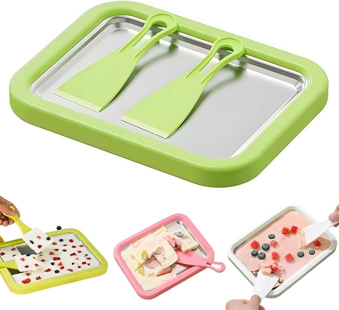 Rolled Ice Cream Maker Kit, At-Home Rolled Ice Cream Machine with Instant Freeze Tray & 2 Scrapers, DIY Rolled Ice Cream Tray for Kids & Adults, Stainless Steel Frozen Dessert Maker (Green)