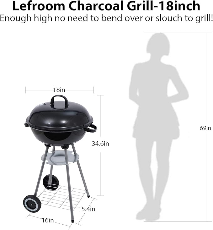 Charcoal Grill 18 inch Barbecue Grill with Waterproof Grill Cover for Outdoor Courtyard Picnic Camping Tailgating BBQ Kettle