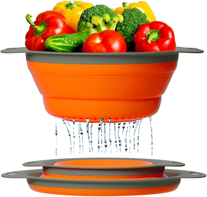 Comfify 2 pcs Colander Set, Collapsible Colanders, Sink Strainers for Kitchen, 2 & 3 qt / 8" & 9.5" Size, Orange
