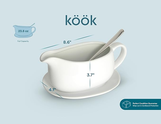 Kook Gravy Boat & Saucer, Ceramic Serving Dish, Dispenser with Tray for Sauces, Dressings and Creamer, Large Handle, Microwave and Dishwasher Safe, White 23.8 oz (Gravy Boat with Spoon)