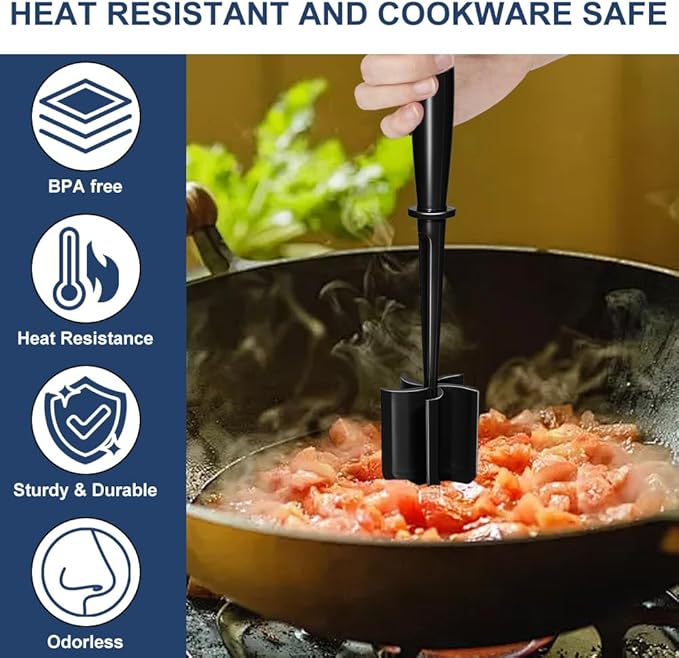 Premium Meat Chopper & Hamburger Smasher - 5-Blade Heat-Resistant Ground Beef & Potato Masher - Nylon Kitchen Tool for Mixing and Chopping - Dishwasher Safe - Black