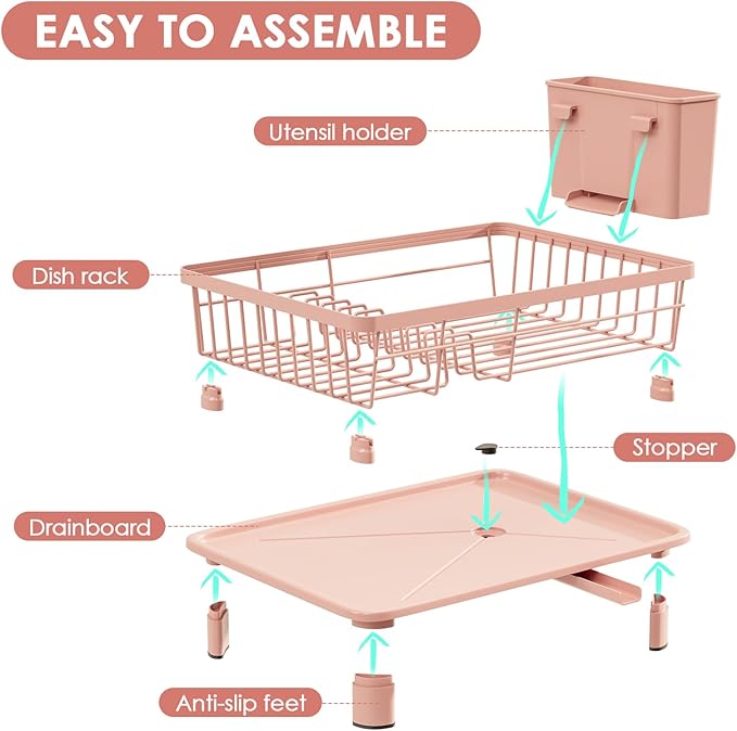 Dish Drying Rack, Space-Saving Dish Rack, Dish Racks for Kitchen Counter, Kitchen Dish Drainers with Removable Utensil Holder,Plate Rack and Drainboard, 11''W x 15''L, Pink
