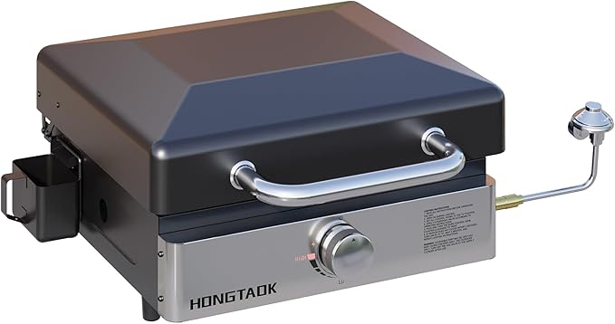 18 Inch Portable Gas Propane Griddle with Lid & Non-stick Ceramic Coated Baking Pan, Outdoor Tabletop Propane Grill for Cooking, Barbecue, Camping Tailgating