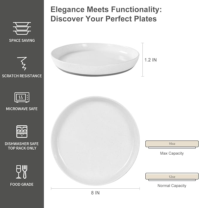 8-Inch Stoneware Dinner Plates - 4 Piece Ceramic Plates for Pasta, Salad, or Appetizers - Microwave and Dishwasher Safe, Plates Set for Casual Dining or Formal Gatherings,White(Grey Bottom)