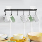 Myfolrena Adhesive Kitchen Hooks Utensil Hanger Holder Hanging Rack 2 Pack, Hanging Rack Wall Mounted Kitchen Rail for Spoons Pot Coffee Mug Cups Tags(Black)